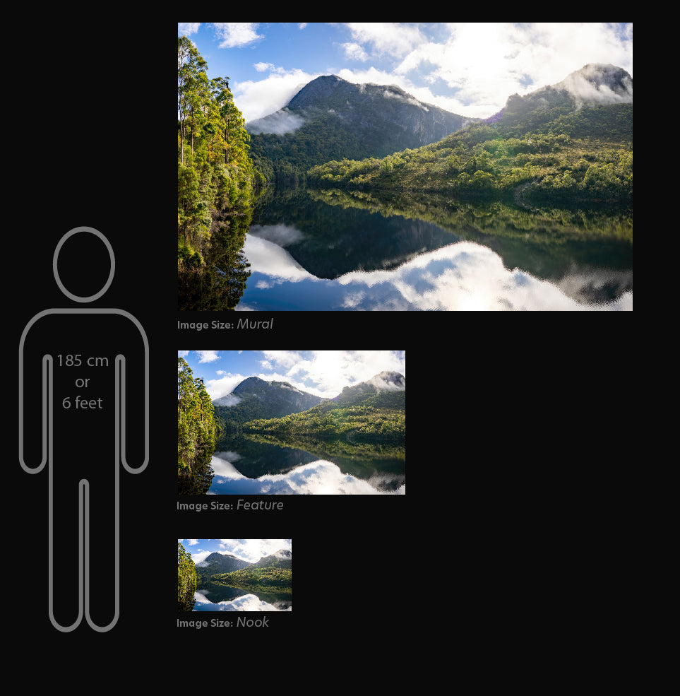 The different image sizes, Nook, Feature and Mural, shown to scale against a human figure. This comparison is for 